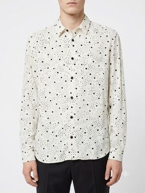 The Kooples Men’s Mixed Polka Dot Print Woven Shirt Ecru Black Size EU Medium